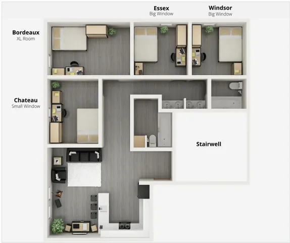 Modern floor plan showcasing three bedrooms named Bordeaux, Essex, and Windsor, with a chic open living area and kitchen adjacent to a stairwell.