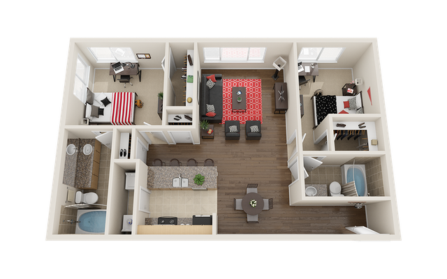 Elegant 3D floor plan showcasing a modern apartment with two cozy bedrooms, an inviting open-concept living and dining area, and a sleek kitchen with a breakfast bar.