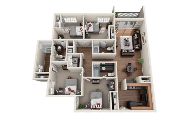 Chic 3D floor plan showcasing a modern apartment with 3 bedrooms, inviting living area, sleek kitchen, and private balcony.