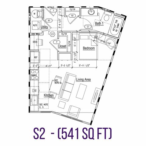 Modern S2 floor plan featuring a compact and efficient layout with 541 sq ft, including a spacious living area, cozy bedroom, stylish kitchen, and a full bath.