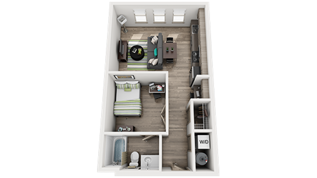 Modern 3D floor plan showcasing one-bedroom apartment with a stylish open living area, cozy bedroom, functional kitchen, and in-unit laundry space.