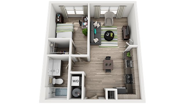 Modern 2D floor plan showcasing a cozy one-bedroom apartment with an open living area and sleek kitchen.