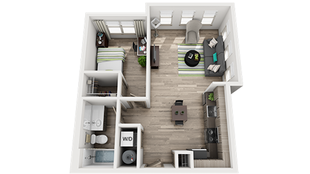 Modern 3D floor plan showcasing a cozy 1-bedroom apartment with a spacious open-concept living area, sleek kitchen, and convenient in-unit laundry.