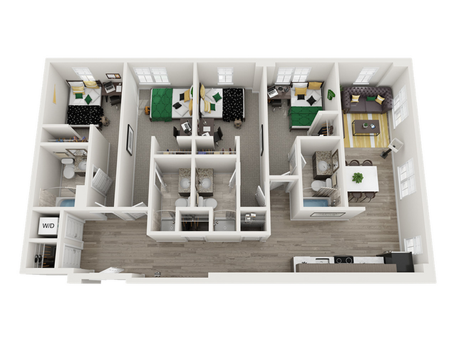 Modern 3D floor plan featuring 3 bedrooms, a cozy living room, a dining area, and a sleek kitchen. Includes two bathrooms and ample natural light.
