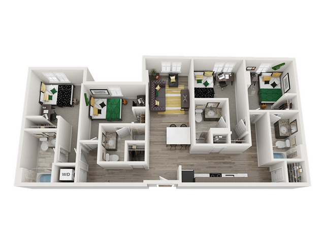 Modern 3D floor plan showcasing a chic apartment with three bedrooms, a stylish open living area, and a fully-equipped kitchen. Bright and spacious layout ideal for comfortable living.