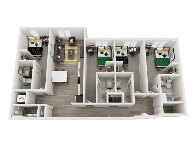Modern 3D floor plan showcasing 3 spacious bedrooms, elegant open living area, and a sleek kitchen with dining space.