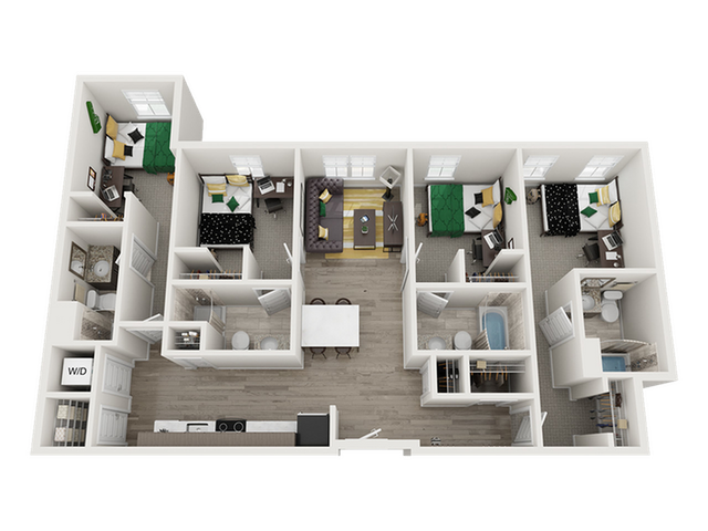 Elegant 3D floor plan showcasing three cozy bedrooms, a modern open-concept living room, and a sleek kitchen layout, perfect for stylish living.