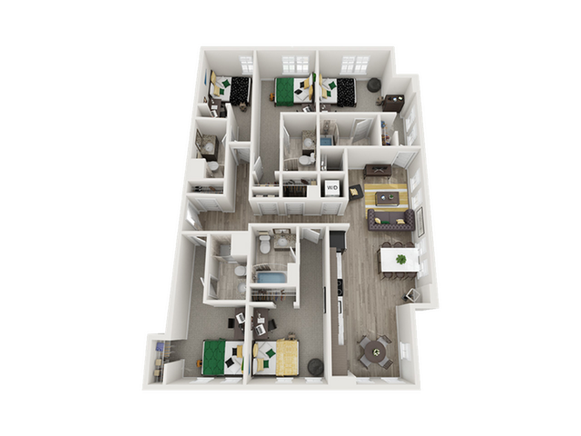 Charming 3D floor plan showcasing three bedrooms, a cozy living area, modern kitchen, and sleek bathrooms with stylish interior design.