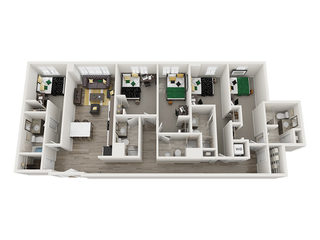 Modern 3D floor plan showcasing 3 bedrooms, cozy living area, and a well-designed kitchen, featuring open space and natural light.