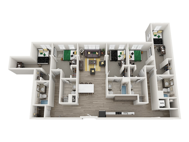 Elegant 3D floor plan featuring 3 bedrooms, stylish living area, modern kitchen, and spacious bathrooms.