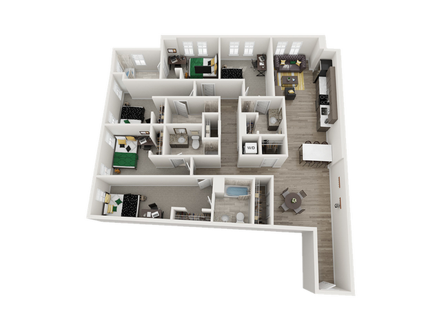 Modern 3D floor plan showcasing 3 bedrooms, cozy living area, stylish kitchen, and dining space, perfect for contemporary living.
