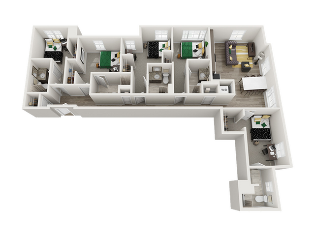 Modern 3D floor plan showcasing spacious 4-bedroom layout with two luxurious bathrooms, an elegant open-concept living area, and a dedicated dining space.