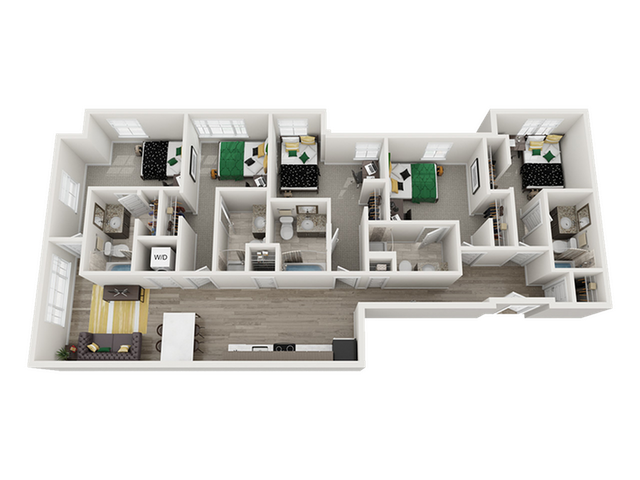 Modern 3D floor plan showcasing three bedrooms, two bathrooms, a spacious open-plan kitchen and living area, with natural lighting and contemporary design.