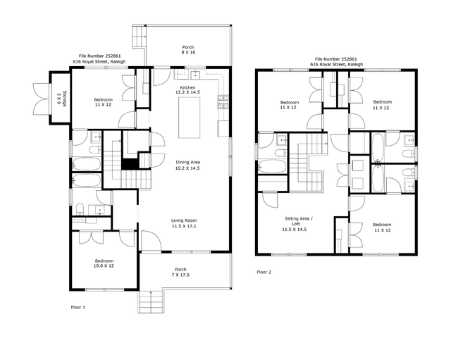 Spacious two-story floor plan for 616 Royal Street, Raleigh, featuring three bedrooms, open-concept kitchen, dining area, living room, and sitting area/loft, with two porches enhancing outdoor living.