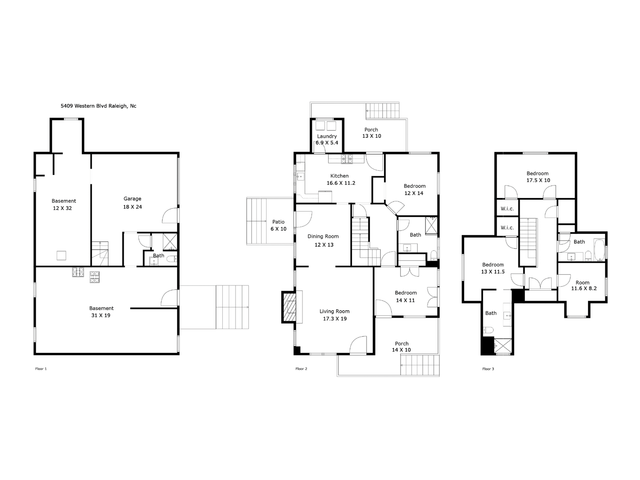Spacious 3-level floor plan featuring a large basement, garage, and main living areas with three bedrooms, multiple bathrooms, open kitchen and dining room. Includes patio and porch for outdoor relaxation at 5409 Western Blvd, Raleigh, NC.