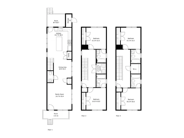 Elegant three-story floor plan featuring spacious kitchen and family room on the first floor, two cozy bedrooms on the second floor, and an additional third-floor bedroom with walk-in closet. Includes multiple bathrooms and inviting porches.