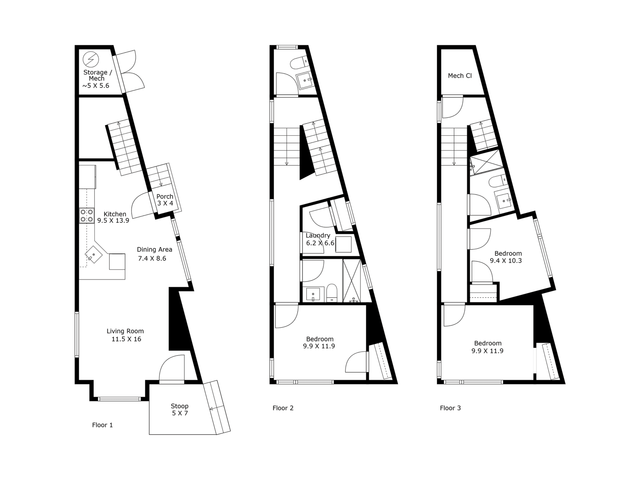 Contemporary multi-level floor plan featuring an open-concept living area, modern kitchen, and three spacious bedrooms, ideal for urban living.