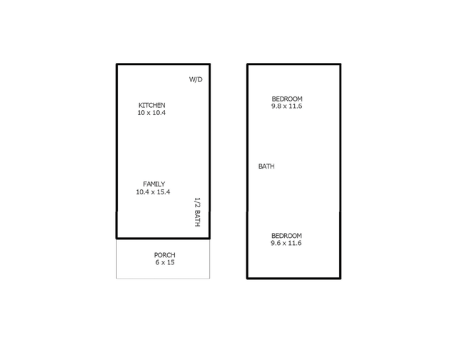Modern 2D floor plan showcasing a spacious layout with 2 bedrooms, a family room, kitchen, and a cozy porch.