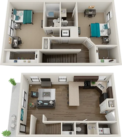 Charming two-story apartment floor plan featuring two bedrooms, a cozy living room, and a modern kitchen with island seating, complemented by a private balcony for outdoor relaxation.