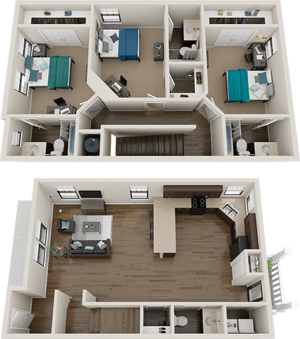 Stylish 3D floor plan showcasing an elegant two-story apartment with three cozy bedrooms, modern kitchen, and chic open-plan living area.