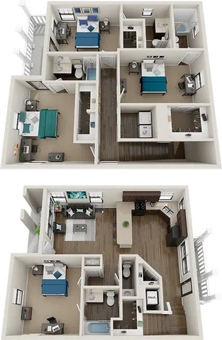 Modern split-level 3D floor plan showcasing two bedrooms, a spacious open-concept kitchen, elegant living area, and two bathrooms, perfect for stylish urban living.