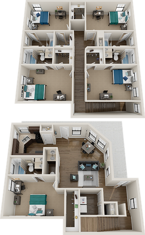 Detailed 3D floor plan showcasing a multi-level layout with five generous bedrooms, cozy living spaces, and a modern kitchen design.