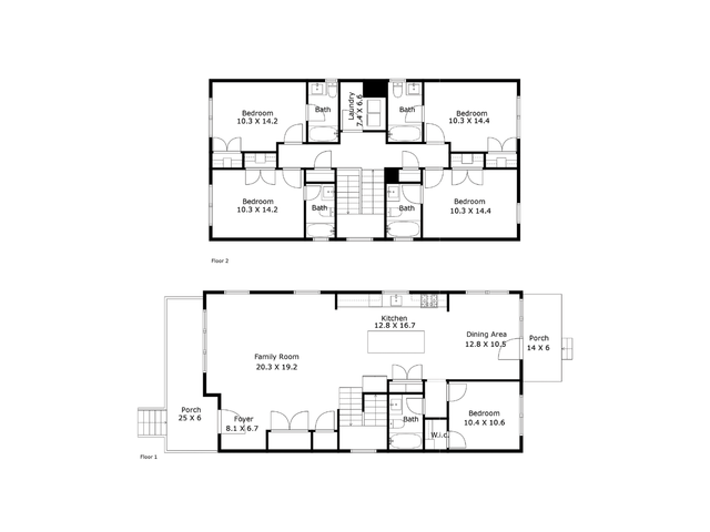 Inviting 2-floor layout showcasing 5 bedrooms, spacious family room, modern kitchen, and dual porches for perfect indoor-outdoor living.
