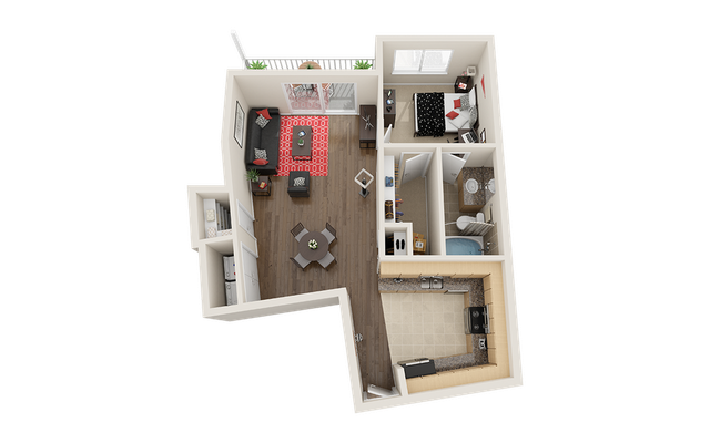 Modern 3D floor plan showcasing one-bedroom layout with open-concept living and dining area, stylish kitchen, and private balcony.