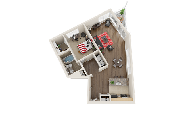 Chic 3D floor plan showcasing a cozy bedroom, vibrant living area, and modern open-concept kitchen with a dining nook.