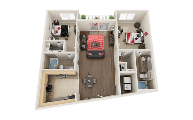 Modern 3D floor plan showcasing two cozy bedrooms, an inviting living area with sleek hardwood floors, a contemporary kitchen, and two well-appointed bathrooms. Includes a private balcony for relaxation.