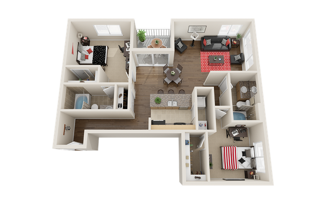 Modern 3D floor plan featuring two bedrooms, two bathrooms, an inviting open living area, and a sleek kitchen with an island counter.
