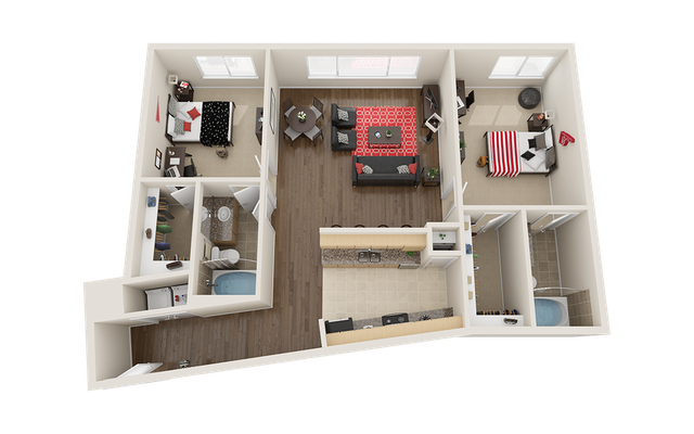 Bright and modern 3D floor plan showcasing two elegant bedrooms, a cozy living area with stylish red accents, and a well-appointed kitchen.