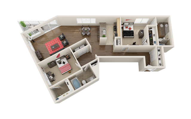 Modern 3D floor plan featuring 2 bedrooms, an inviting living room with a vibrant red area rug, a cozy dining area, and a sleek kitchen, highlighting spacious design.