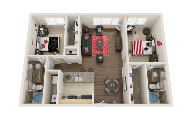 Inviting 3D floor plan showcasing a modern apartment with two cozy bedrooms, two sleek bathrooms, a stylish open-concept living and dining area, and a contemporary kitchen with a breakfast bar.