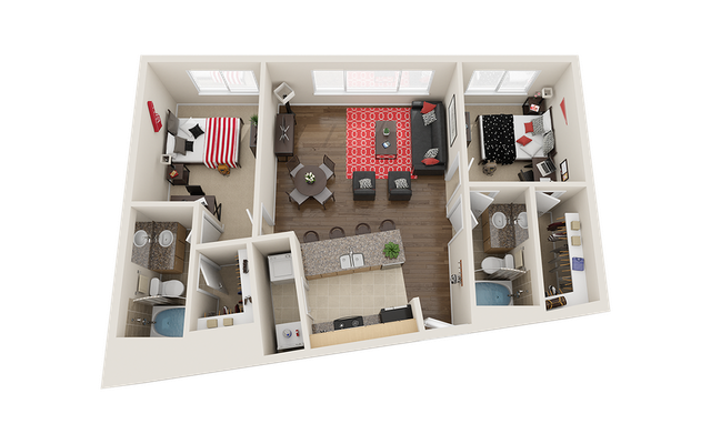 Chic 3D floor plan showcasing 2 bedrooms, modern open-concept kitchen, cozy living area, and two elegant bathrooms. Perfect blend of comfort and style.