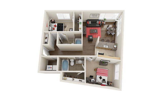 Modern 3D floor plan showcasing two cozy bedrooms, an open living area, elegant kitchen with breakfast bar, and stylish dining space.