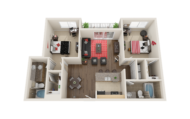 Chic 3D floor plan showcasing 2 modern bedrooms, open-concept living and dining area, with a stylish kitchen and dual bathrooms for ultimate comfort.