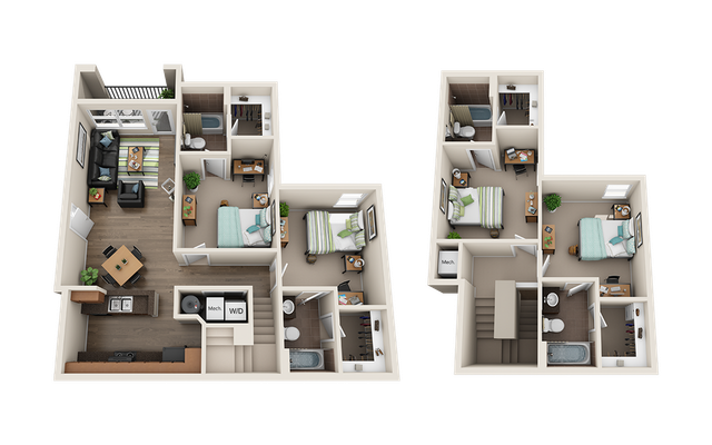 Modern 3D floor plan showcasing a two-story apartment with 3 spacious bedrooms, a cozy living area, open kitchen, and stylish dining space.