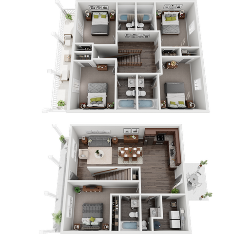 Elegant 3D floor plan showcasing two levels with 4 bedrooms, modern kitchen, open-concept living area, and dual bathrooms, perfect for a family home.