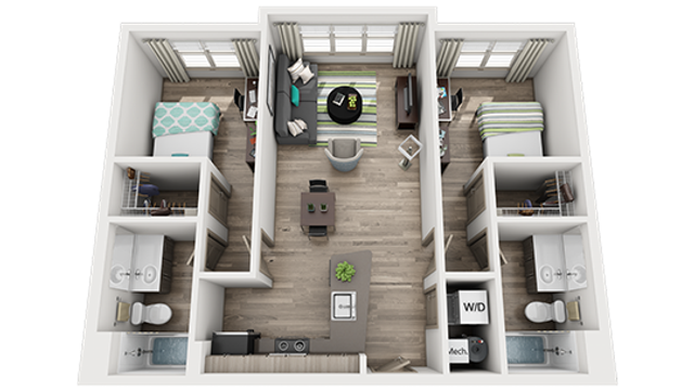 Modern 3D floor plan featuring 2 bedrooms, cozy living area, sleek dining space, and a fully-equipped kitchen, ideal for stylish urban living.