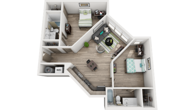 Chic 3D floor plan showcasing 2 bedrooms, stylish open living and dining area, fully equipped modern kitchen, and 2 bathrooms for ultimate comfort.