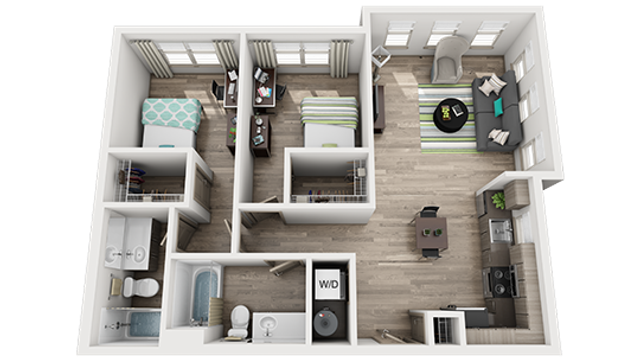 Modern 3D floor plan showcasing two cozy bedrooms, a stylish open-concept living and dining area, and a sleek kitchen with contemporary fixtures.
