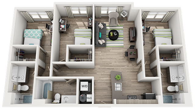 Modern 3D floor plan showcasing 3 bedrooms, an inviting open living space, contemporary kitchen, and dual bathrooms.