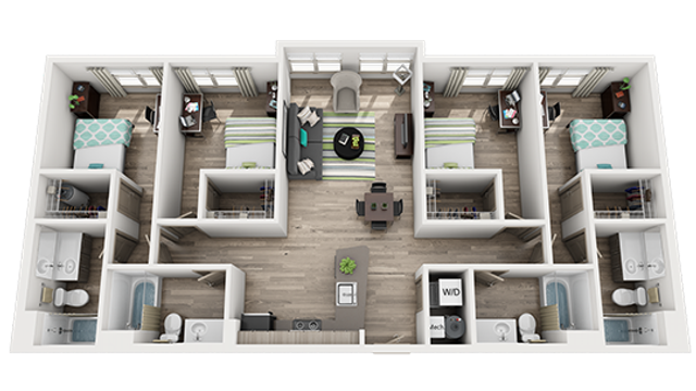 Modern 3D floor plan showcasing four cozy bedrooms, a central living area, sleek kitchen, and multiple bathrooms, ideal for spacious living.