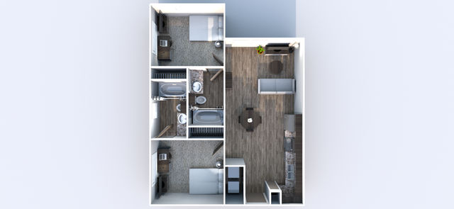 Modern floor plan showcasing two spacious bedrooms, two elegant bathrooms, and a cozy open-plan living area with a stylish kitchen.