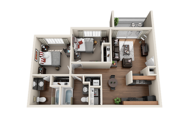 Modern 3D floor plan showcasing 2 spacious bedrooms, open-plan living and dining area, sleek kitchen, and private balcony.