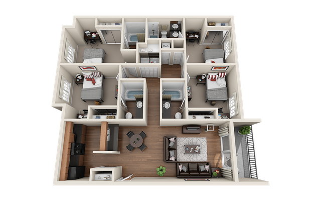 Contemporary 3D floor plan showcasing a stylish apartment with 3 bedrooms, 2 bathrooms, open-concept living area, and modern kitchen layout.