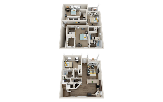 Modern 3D floor plan showcasing a two-story apartment with three bedrooms, spacious living areas, and an open kitchen, ideal for stylish living.