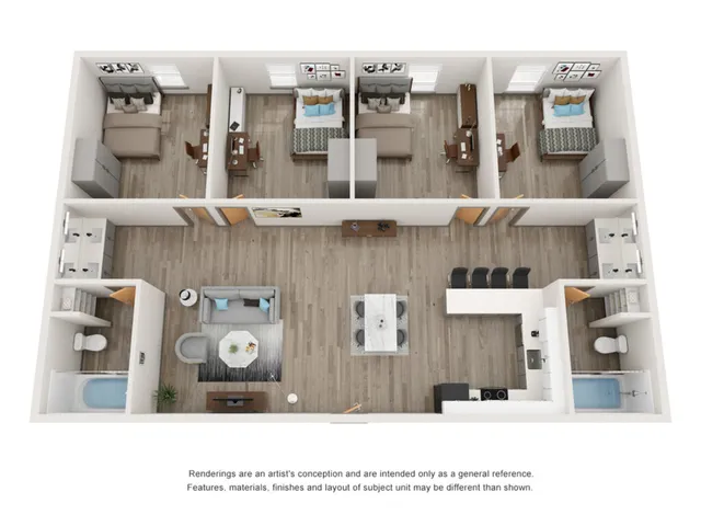 Modern 3-bedroom floor plan featuring a spacious open-concept living area, stylish kitchen with island, and two elegant bathrooms.