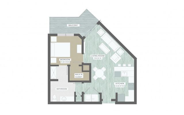 Chic apartment floor plan showcasing 1 bedroom, open living area, modern kitchen, and balcony. Ideal urban living.